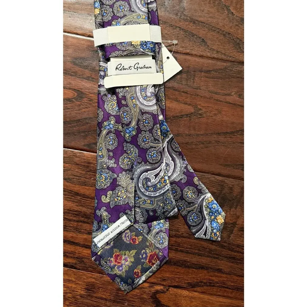 $150 NWT Robert Graham Purple Multi 100% Silk Floral Print Neck Tie